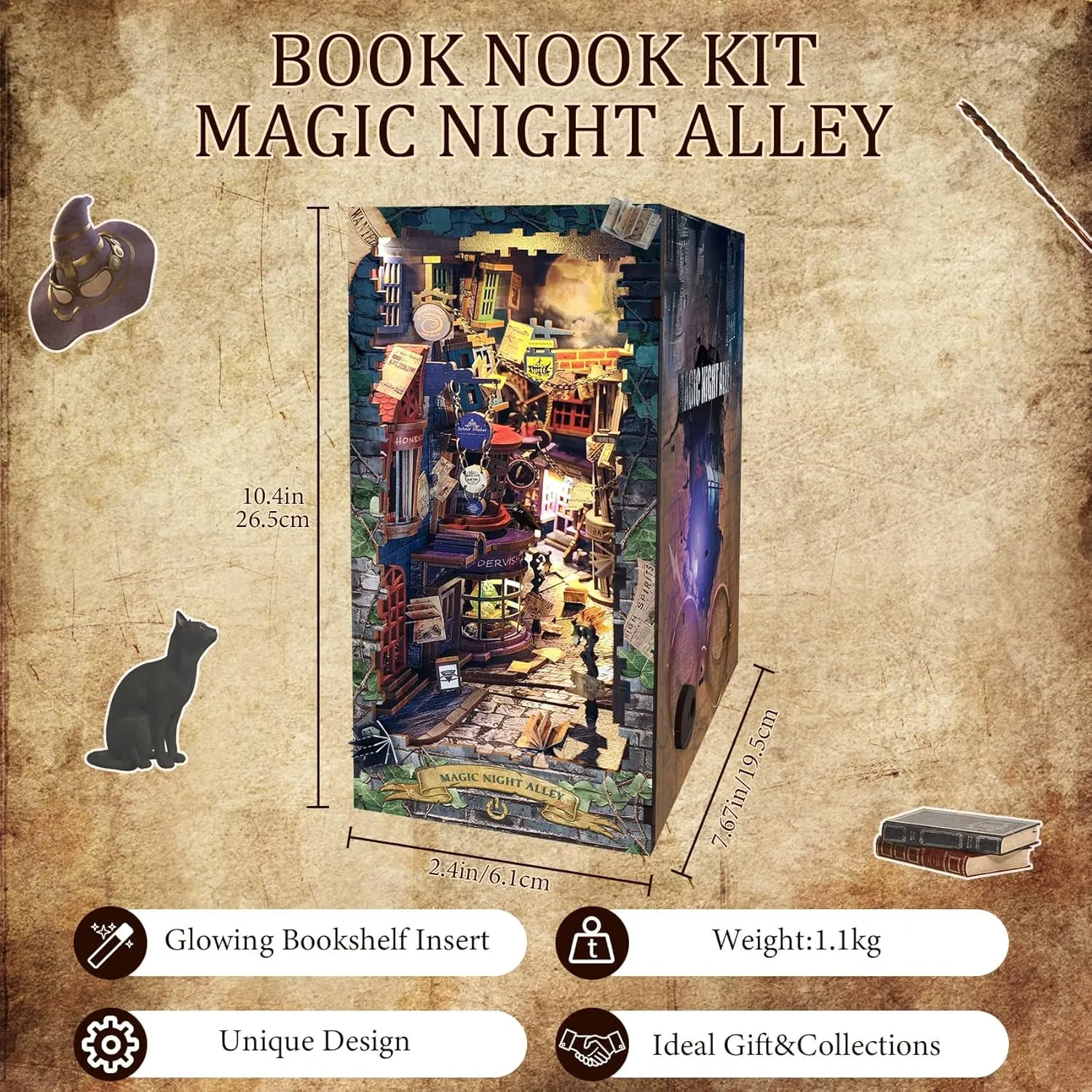 CRIOLPO Book Nook Kit-DIY Doll House Wooden Miniature House Kit, Book Nook Miniature Kit for Adults Teens, 3D Wooden Puzzle Bookshelf Insert Kits with Sensor Led Light