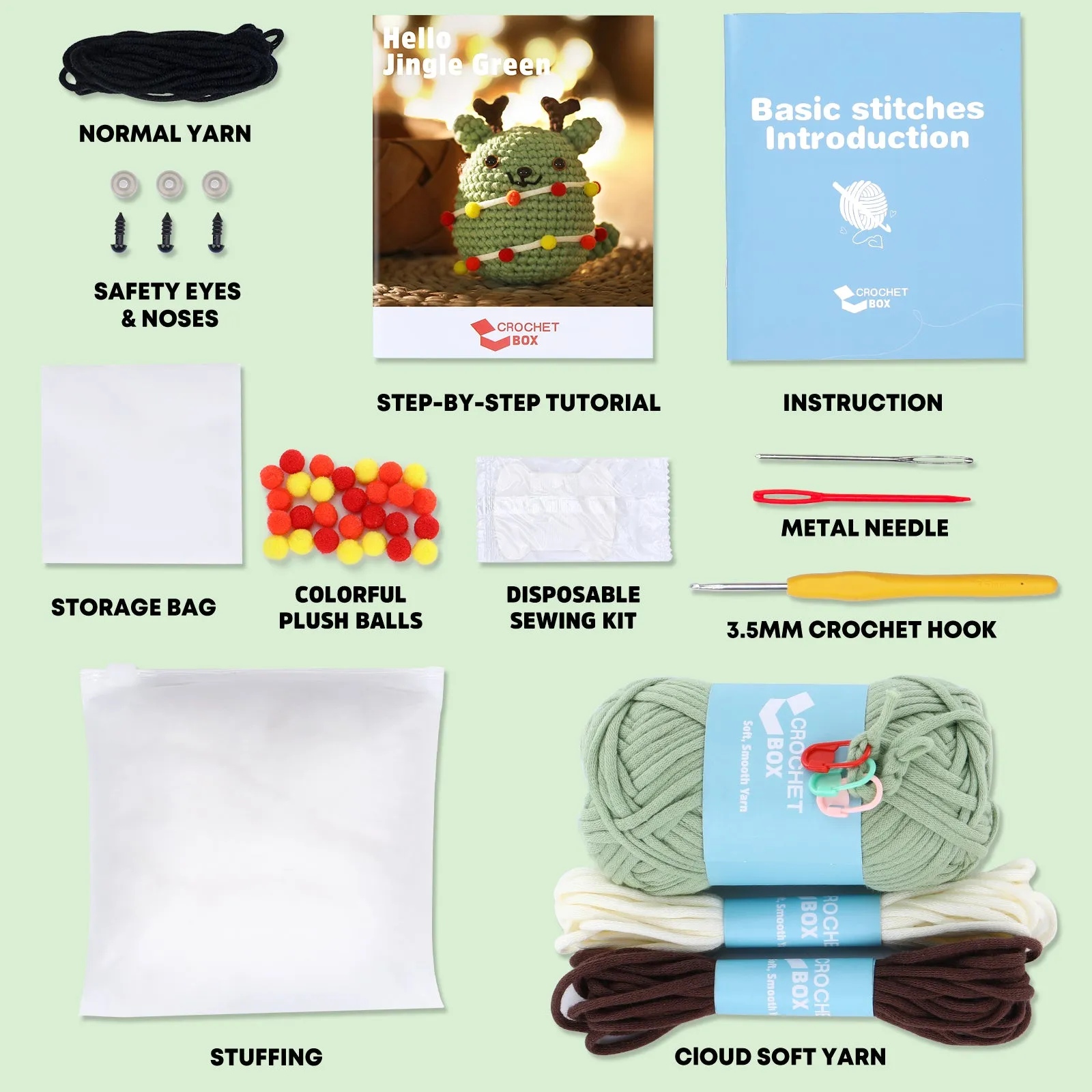 CROCHET BOX Crochet Kit for Beginners——Christmas Tree Green Cat