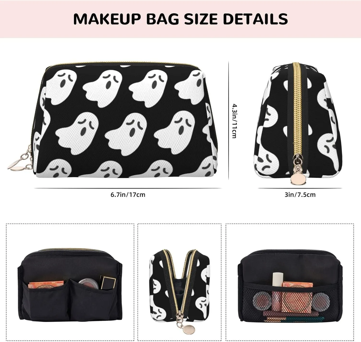 Cute White Ghost Halloween Pattern Travel-Ready Toiletry Bag, Compact Makeup Organizer For Women