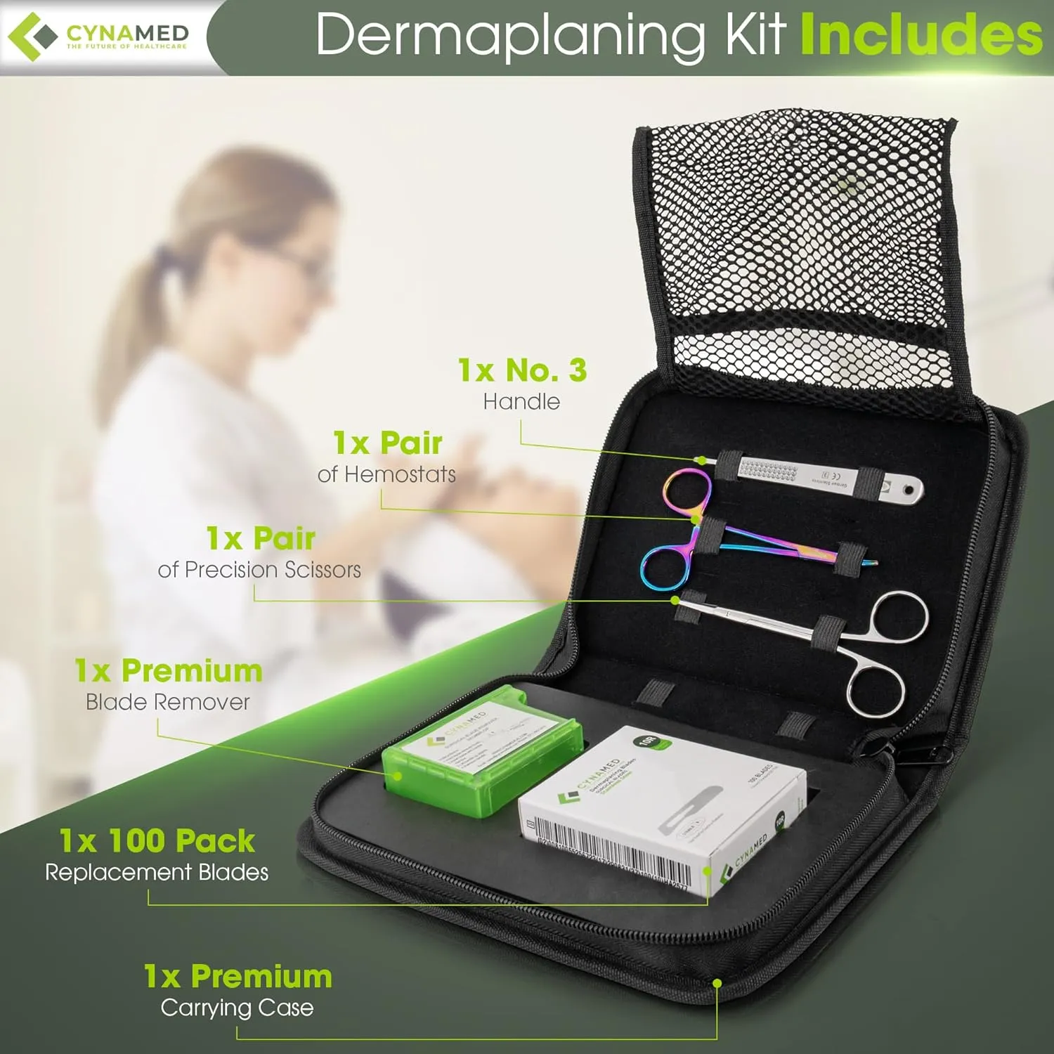 Dermaplaning Kit 5PC – 100 Replacement Blades 10R, Premium Blade Remover, Precision Scissors, Hemostats, No.3 Handle & Carrying Case – Professional Exfoliation Tools for Skincare Treatments