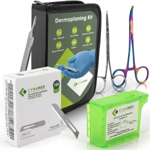 Dermaplaning Kit 5PC – 100 Replacement Blades 10R, Premium Blade Remover, Precision Scissors, Hemostats, No.3 Handle & Carrying Case – Professional Exfoliation Tools for Skincare Treatments