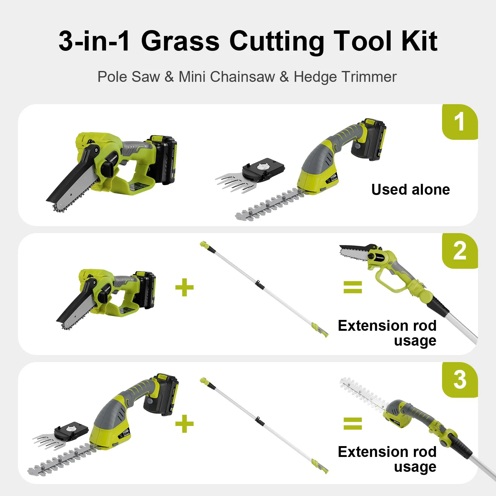 DEWINNER Cordless 3-in-1 Pole & Handheld Hedge Trimmer and Chainsaw, Telescopic Shaft, 254cm Long Reach Extendable Cutter for Hedges,Battery and Charger, Adjustable Head