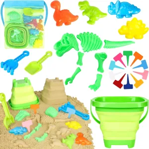 Dino Beach Adventure Sand Toy Set with Foldable Bucket, Shovel, Rake & 6 Molds | Portable Sandbox Toys for Kids Ages 3-10 | Includes Mesh Bag for Easy Cleanup & Travel