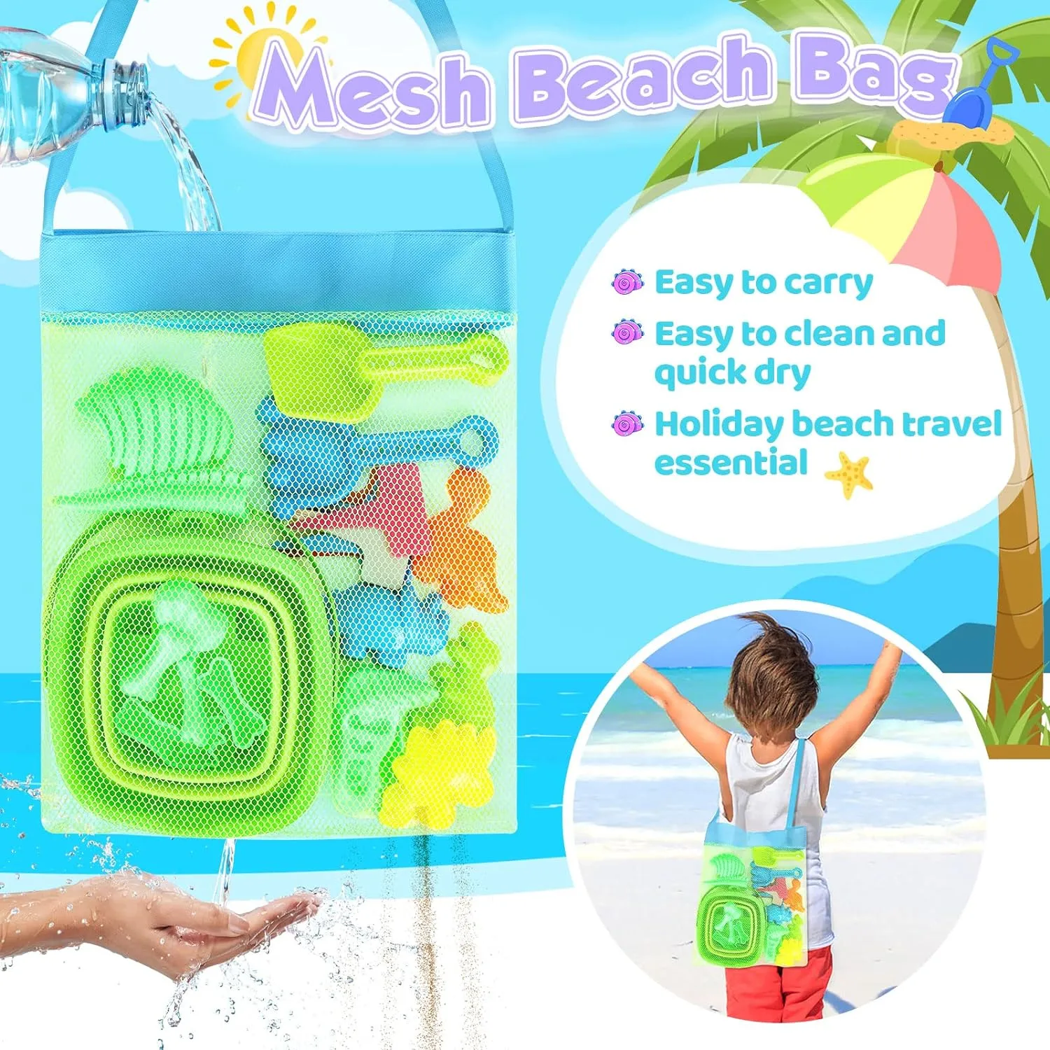 Dino Beach Adventure Sand Toy Set with Foldable Bucket, Shovel, Rake & 6 Molds | Portable Sandbox Toys for Kids Ages 3-10 | Includes Mesh Bag for Easy Cleanup & Travel