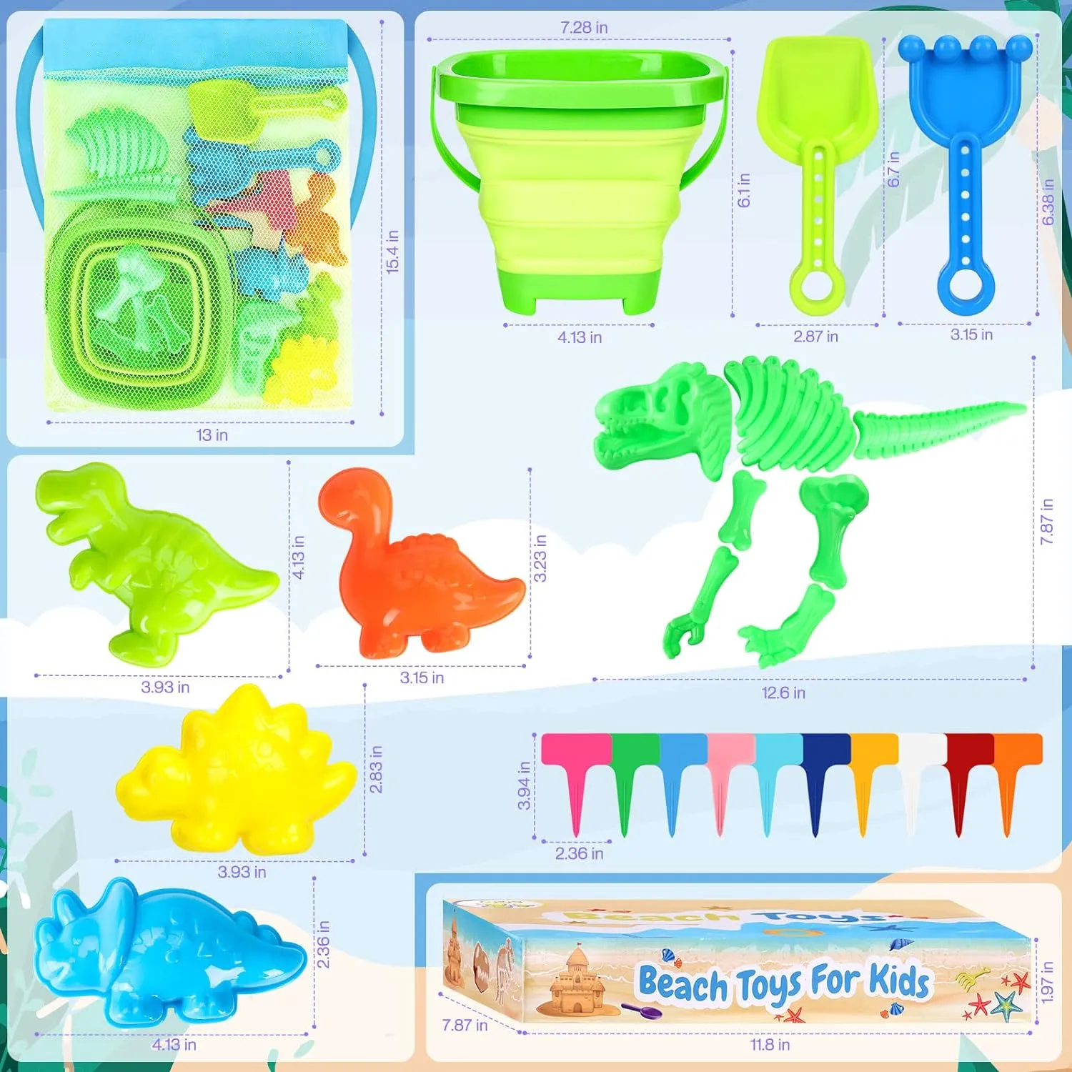 Dino Beach Adventure Sand Toy Set with Foldable Bucket, Shovel, Rake & 6 Molds | Portable Sandbox Toys for Kids Ages 3-10 | Includes Mesh Bag for Easy Cleanup & Travel