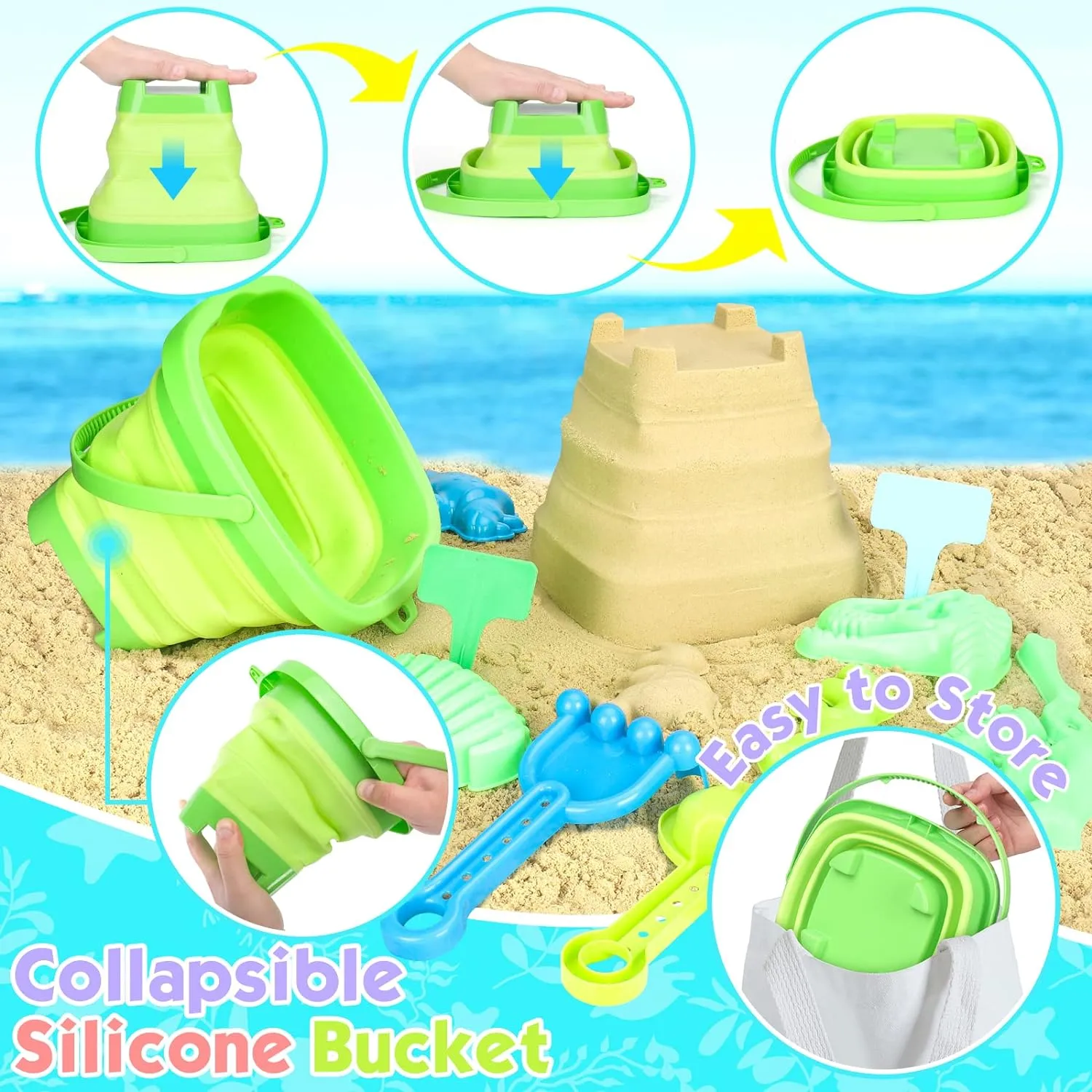 Dino Beach Adventure Sand Toy Set with Foldable Bucket, Shovel, Rake & 6 Molds | Portable Sandbox Toys for Kids Ages 3-10 | Includes Mesh Bag for Easy Cleanup & Travel