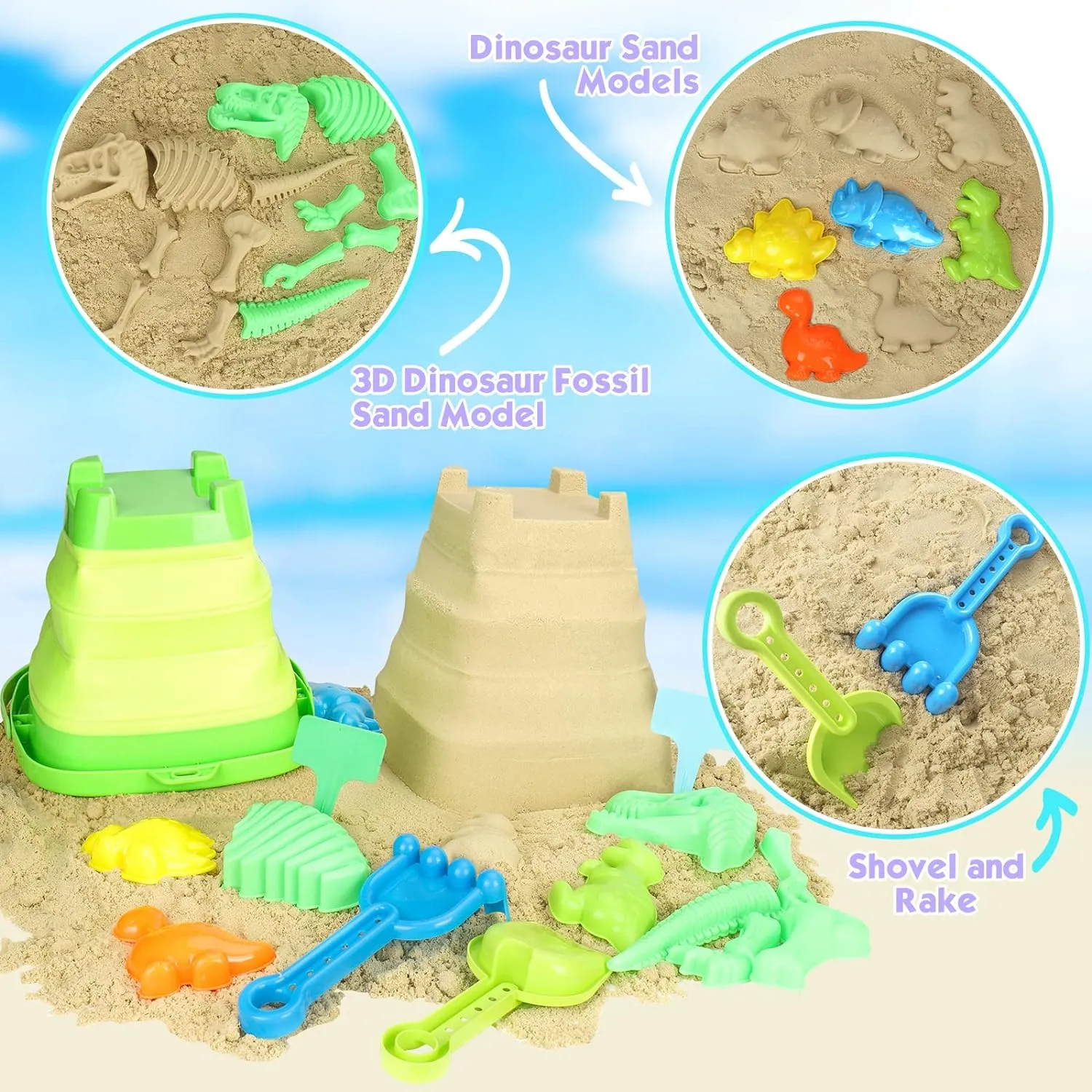 Dino Beach Adventure Sand Toy Set with Foldable Bucket, Shovel, Rake & 6 Molds | Portable Sandbox Toys for Kids Ages 3-10 | Includes Mesh Bag for Easy Cleanup & Travel