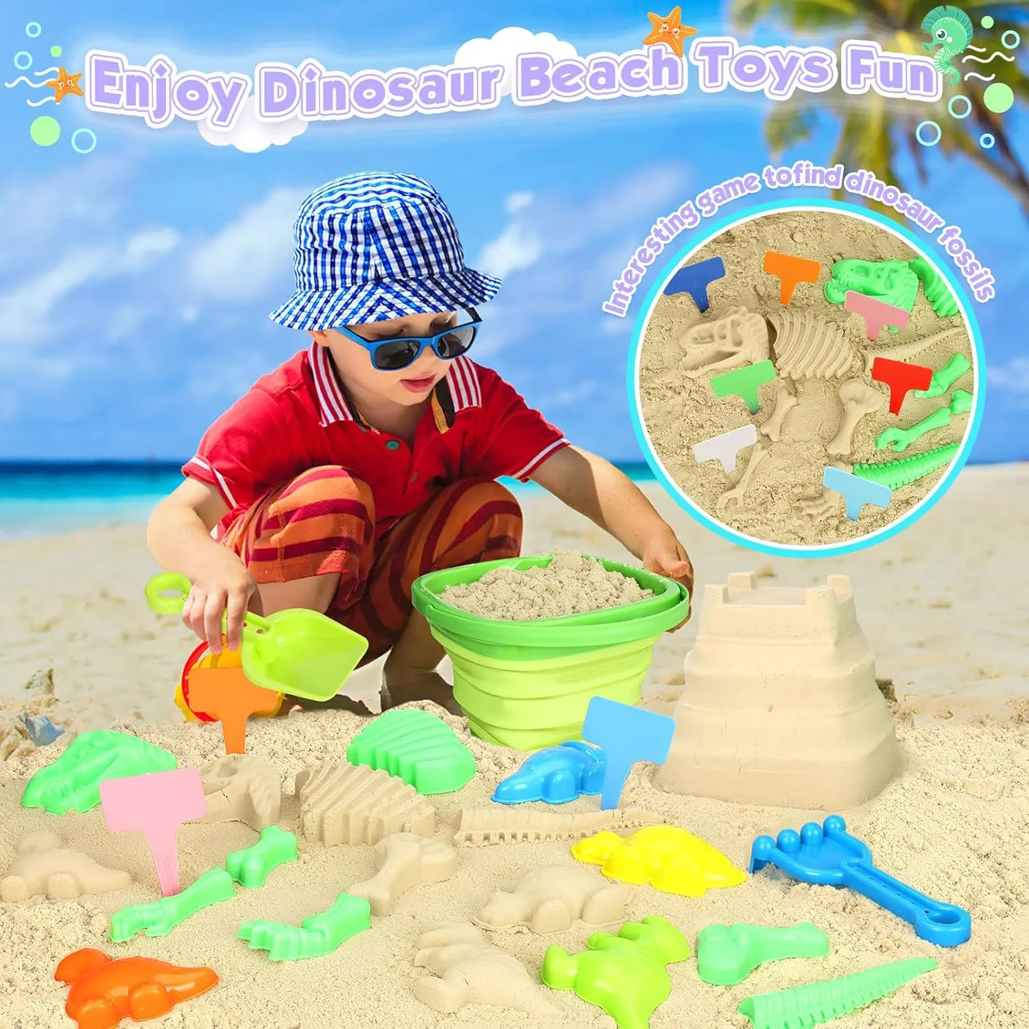 Dino Beach Adventure Sand Toy Set with Foldable Bucket, Shovel, Rake & 6 Molds | Portable Sandbox Toys for Kids Ages 3-10 | Includes Mesh Bag for Easy Cleanup & Travel