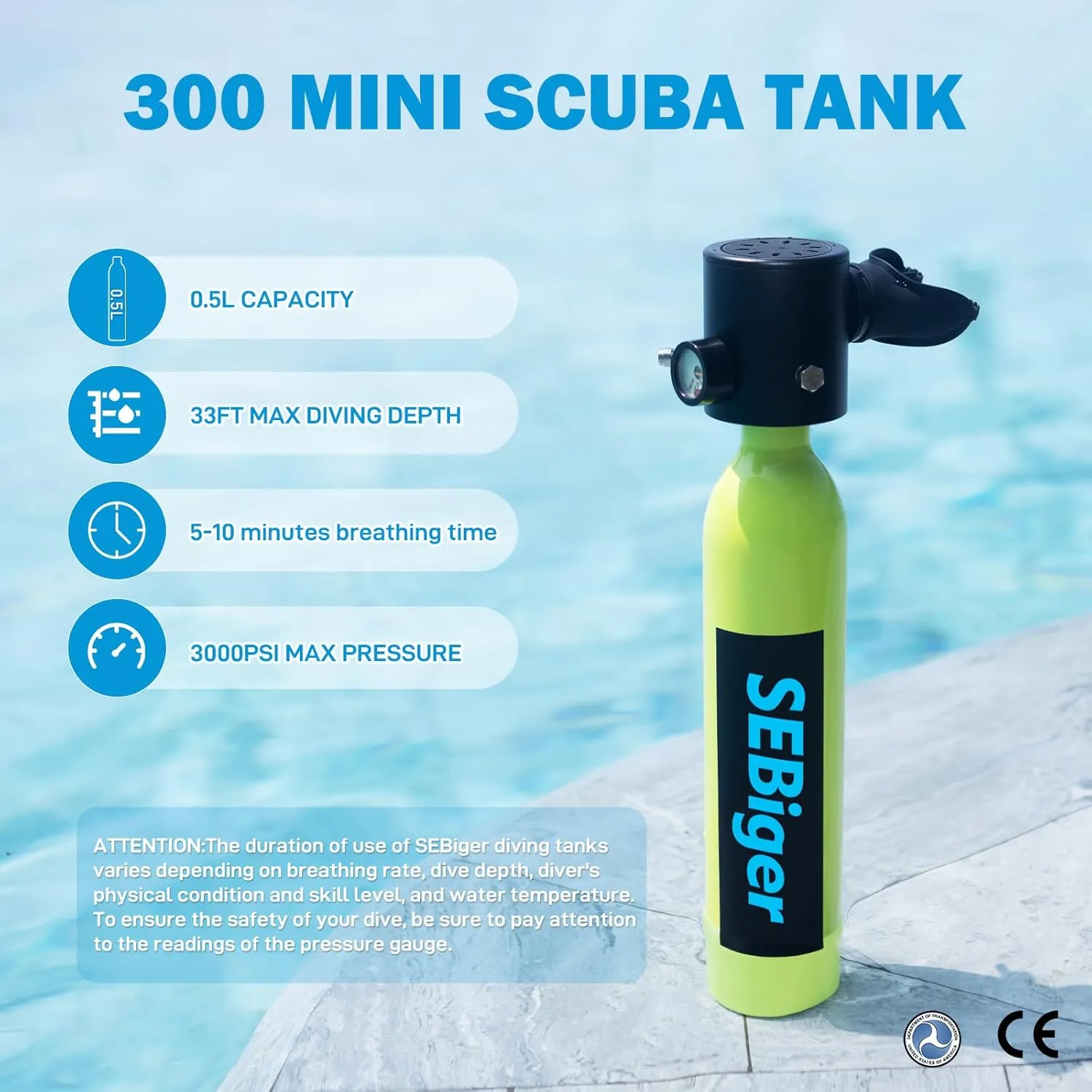 Diving Tank with DOT Certification Reusable Scuba 0.5L Pony Bottle Support 5-10 Minutes Dive Time Diving Cylinder Suitable for Underwater Work/Underwater Recreation