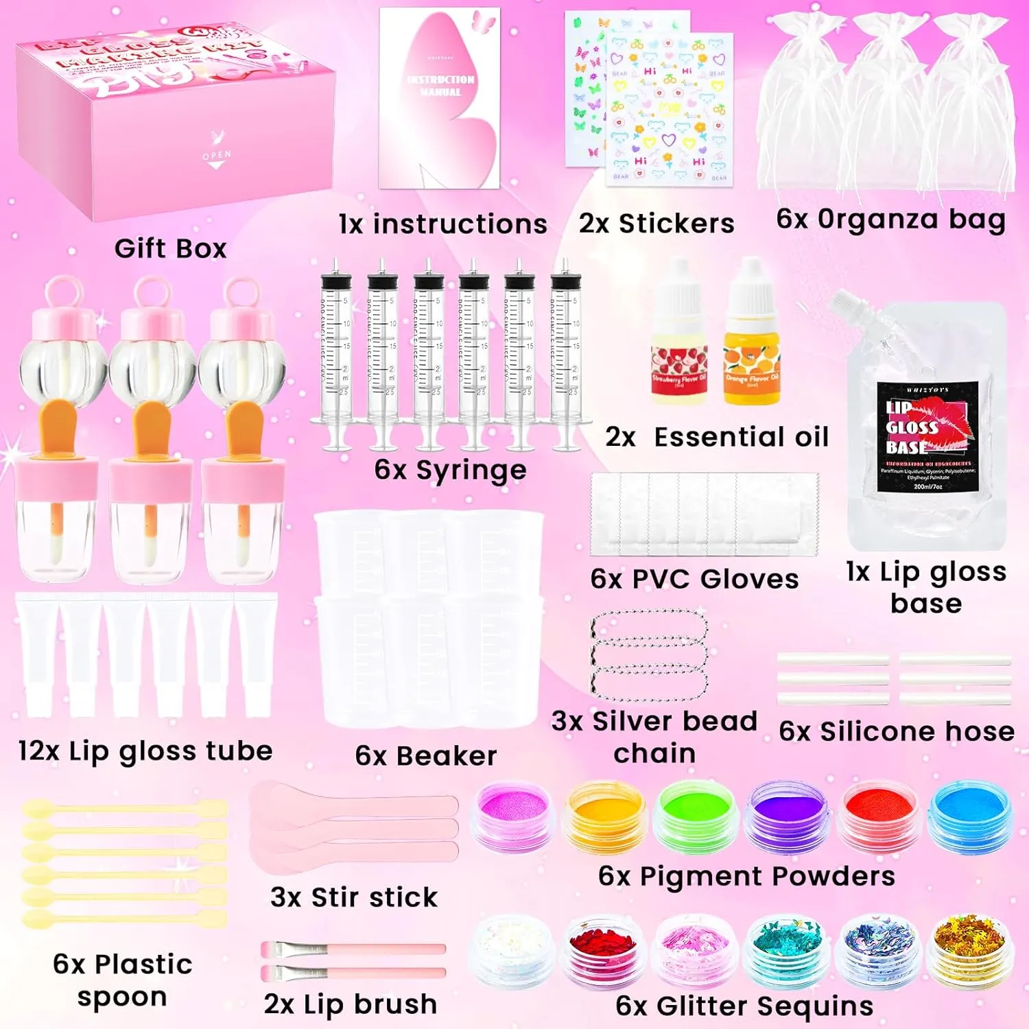 DIY Lip Gloss Making Kit 74 PCS, Pink Kids Lip Gloss Supplies Set Beginner, Fun Craft Set Moisturizing Base, Birthday Gift Set for Girls, Kids, Teenagers, Women