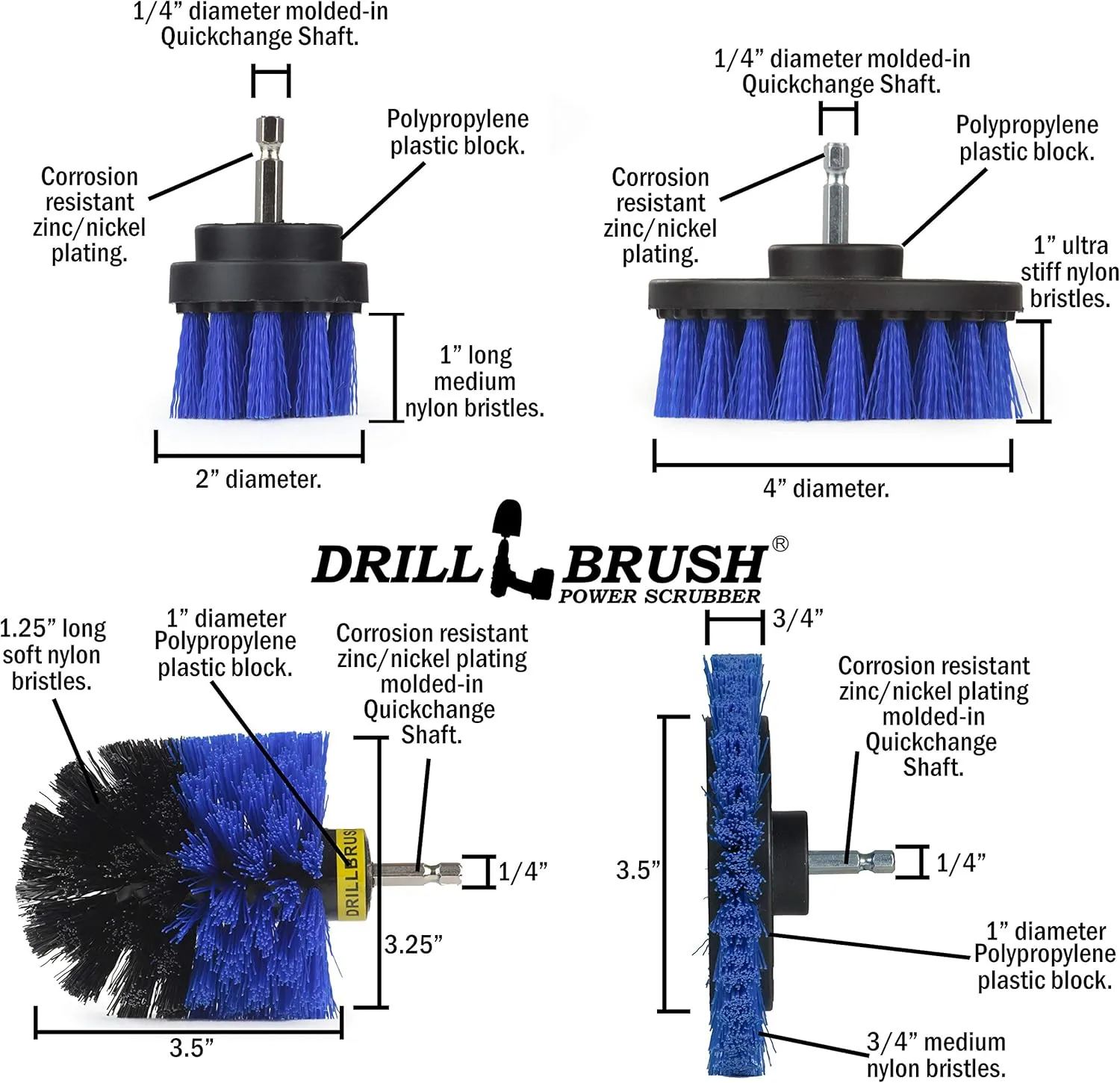 Drillbrush Blue – Boat Cleaning Drill Brush Attachment Set – Aluminum - Wood - Personal Watercraft Detailing - Fiberglass Hull Cleaning Kit - Kayak Accessories - Deck Brush