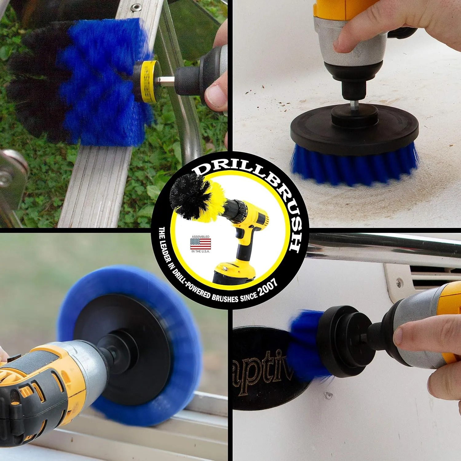 Drillbrush Blue – Boat Cleaning Drill Brush Attachment Set – Aluminum - Wood - Personal Watercraft Detailing - Fiberglass Hull Cleaning Kit - Kayak Accessories - Deck Brush