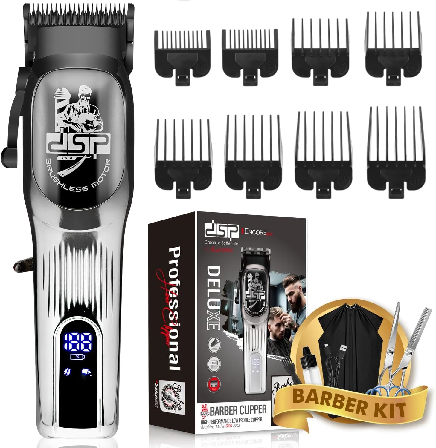DSP Professional Hair Clipper for Men, Brushless Motor with 4CR DLC Ceramic Blade, Rechargeable Cordless Hair Cutting Kit- Gift for Men (Silver)