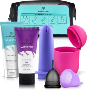 Ecoblossom Complete Menstrual Cup Kit - Small & Large Reusable Period Cups, Silicone Sterilizer Holder, Cleansing Wash, Water-Based Lube, and Easy-Insert Disc Applicator - All Inclusive Set