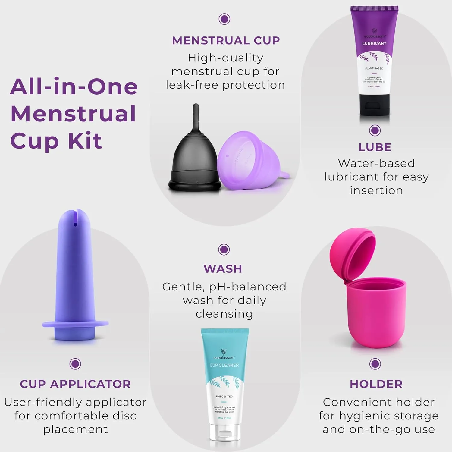 Ecoblossom Complete Menstrual Cup Kit - Small & Large Reusable Period Cups, Silicone Sterilizer Holder, Cleansing Wash, Water-Based Lube, and Easy-Insert Disc Applicator - All Inclusive Set