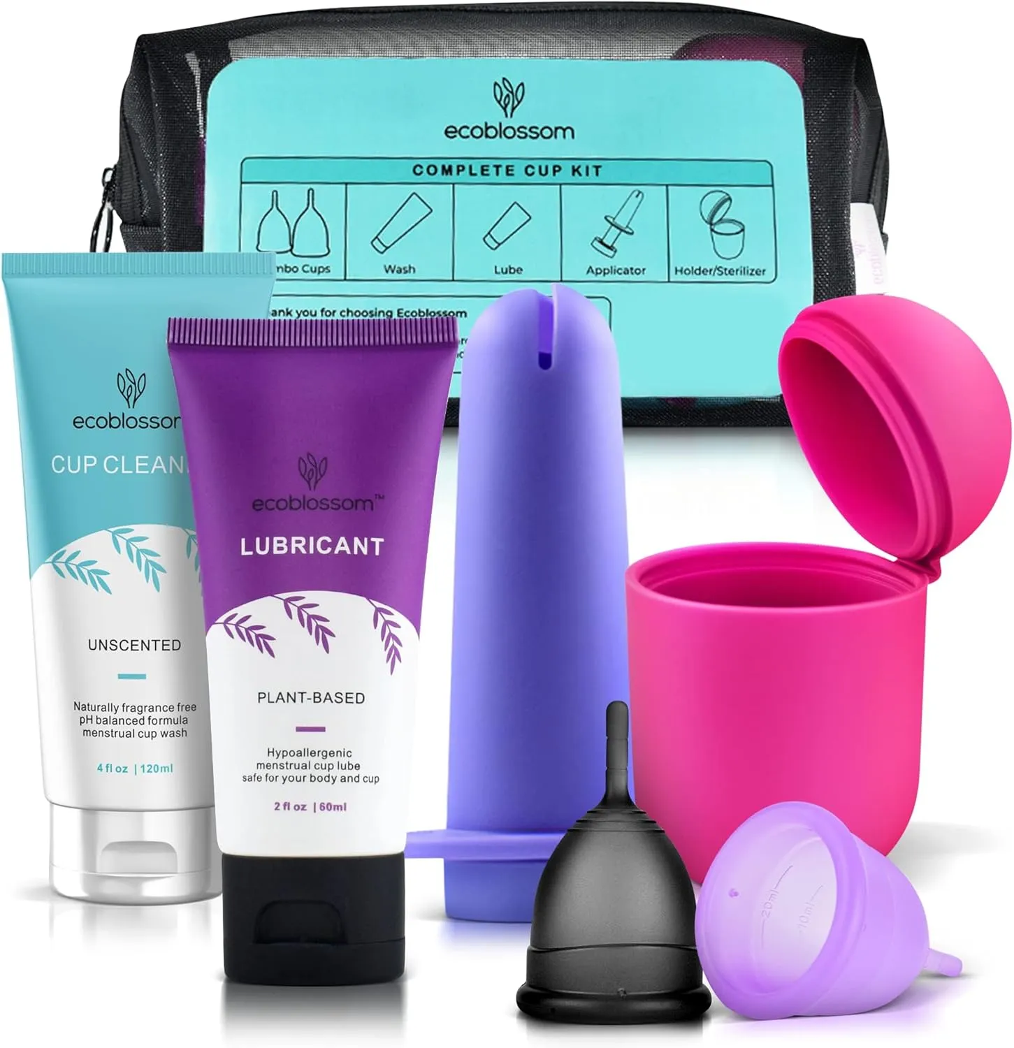 Ecoblossom Complete Menstrual Cup Kit - Small & Large Reusable Period Cups, Silicone Sterilizer Holder, Cleansing Wash, Water-Based Lube, and Easy-Insert Disc Applicator - All Inclusive Set