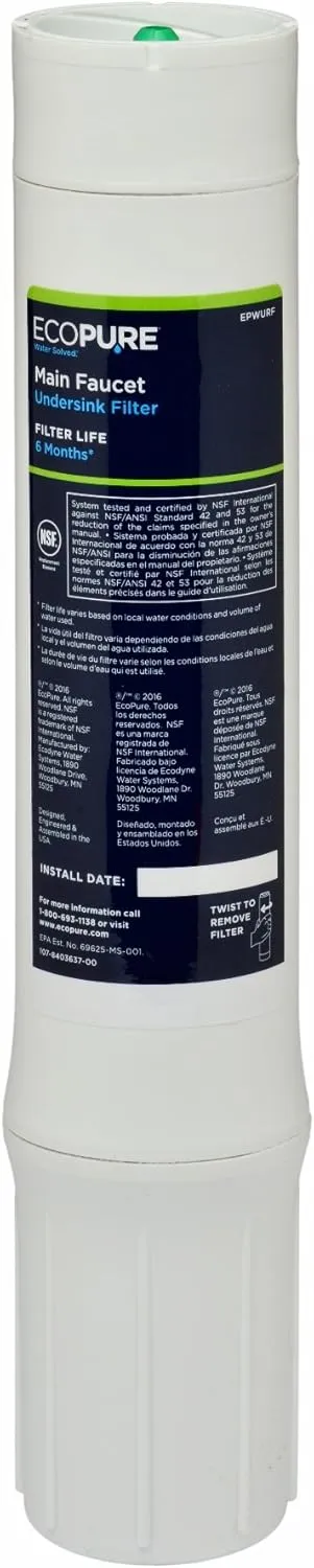 EcoPure Main Faucet Under Sink Replacement Water Filter (EPWURF) | NSF Certified | Fits EPWUFF System | 6-Month Filter Life, White