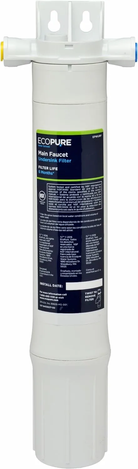 EcoPure Main Faucet Under Sink Replacement Water Filter (EPWURF) | NSF Certified | Fits EPWUFF System | 6-Month Filter Life, White