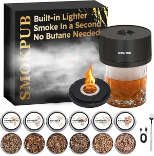 Electric Whiskey Smoker Kit Built-in Lighter, No Butane Needed, Rechargeable Cocktail Smoker Kit with 6 Wood Chips, Old Fashioned Drink Smoker Kit, Bourbon Whiskey Gifts for Men,Dad,Husband