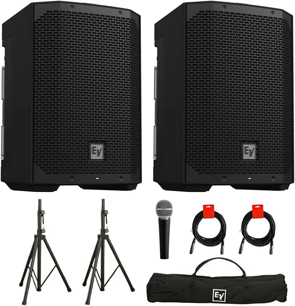 Electro-Voice EVERSE 8 8" Powered Loudspeaker with Bluetooth, Black (Pair) Bundle 2X TSS-1 Stands & Carrying Bag, Superlux Vocal Microphone, and 2X XLR-XLR Cable