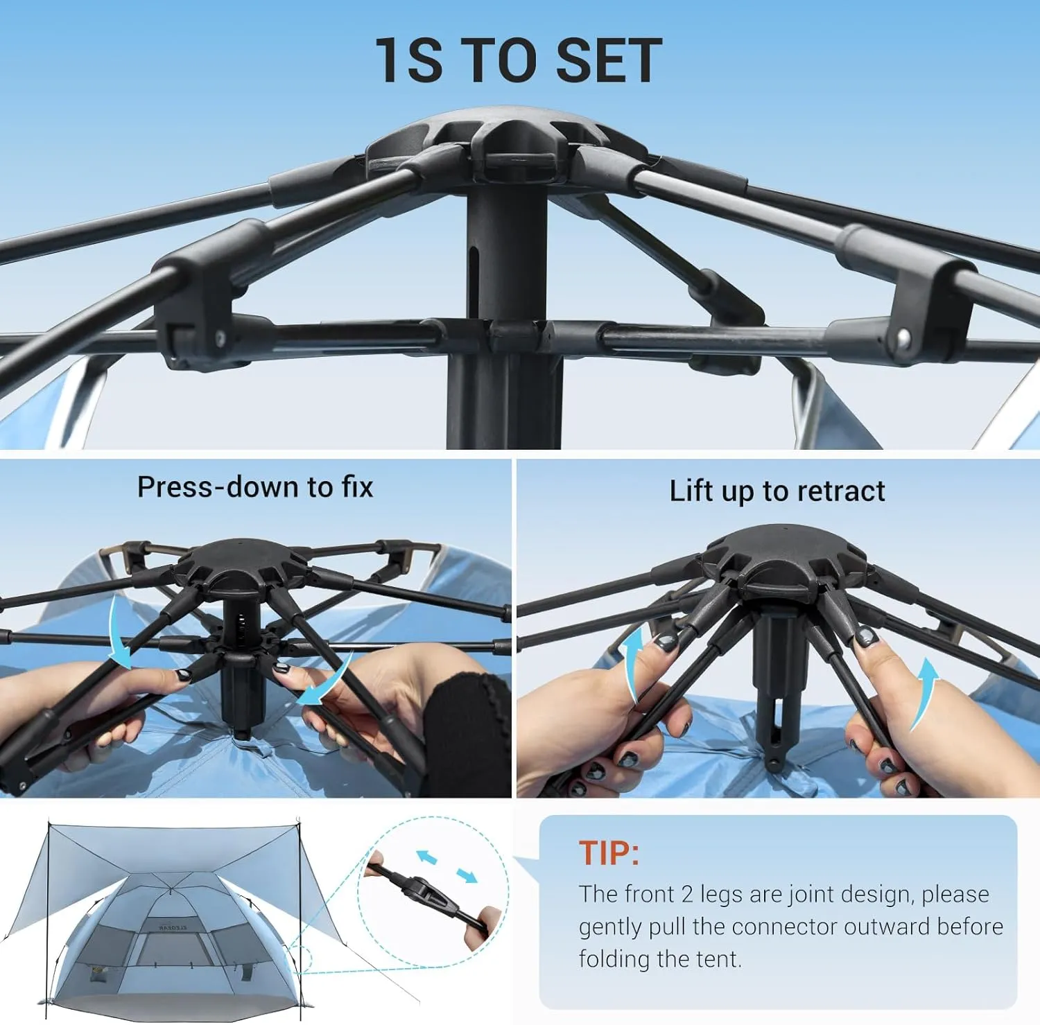 Elegear Beach Tent With 360 Removable Canopy, 4-6 Person Pop Up Sun Shade Shelter, UPF 50  Automated Installation Double Silver Coating Portable Lightweight Cabana