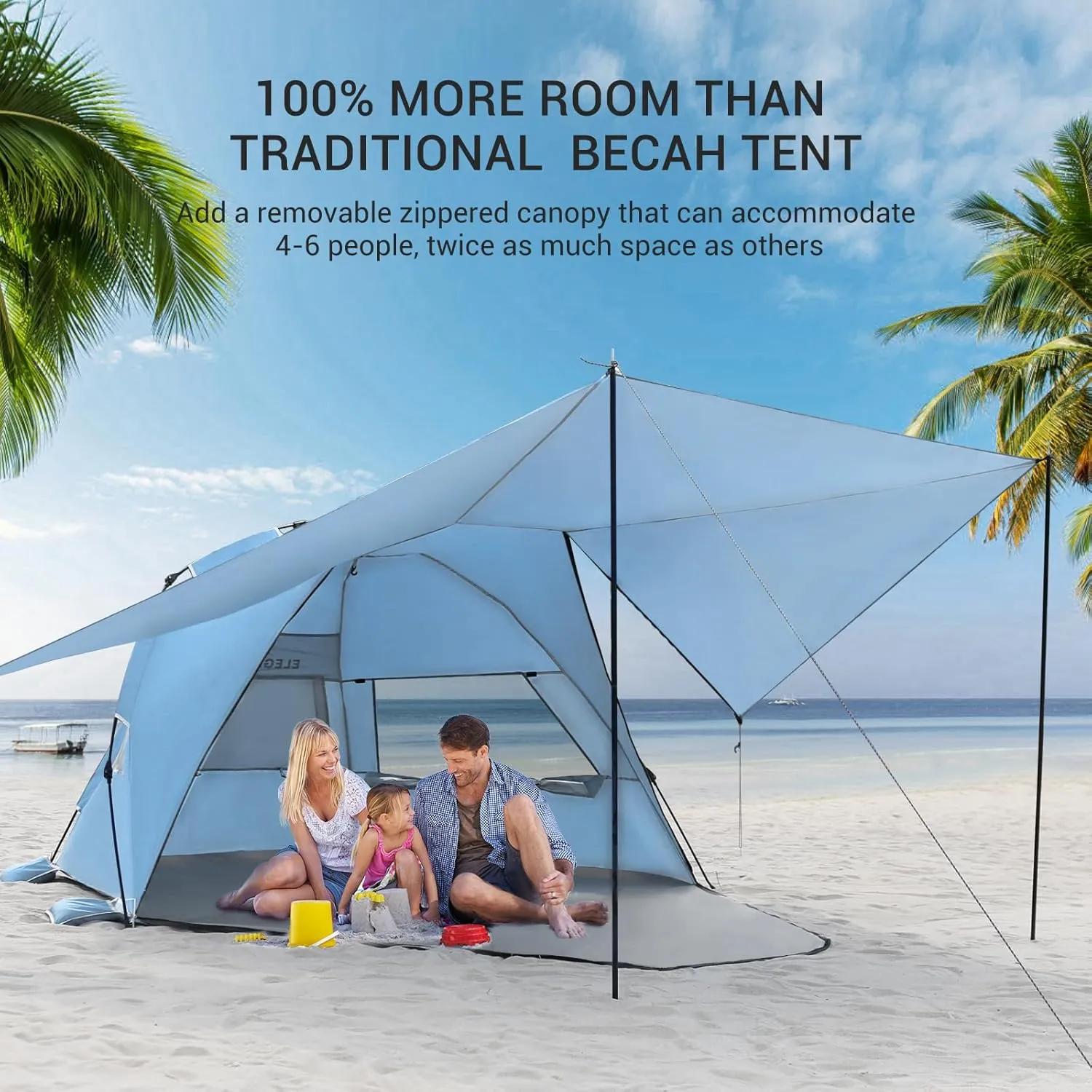 Elegear Beach Tent With 360 Removable Canopy, 4-6 Person Pop Up Sun Shade Shelter, UPF 50  Automated Installation Double Silver Coating Portable Lightweight Cabana