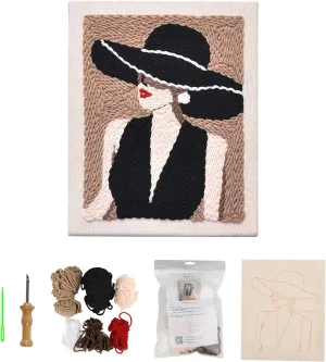 Embroidery Punch Needle Kit Frame, Handmade Elegant Lady Black Hat Embroidery Material Bag with Production Video, Adjustable Wooden Handle Embroidery Needle, Home Decor Embroidery, Handmade Gift