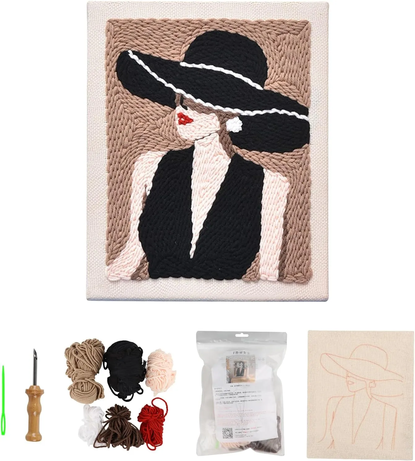 Embroidery Punch Needle Kit Frame, Handmade Elegant Lady Black Hat Embroidery Material Bag with Production Video, Adjustable Wooden Handle Embroidery Needle, Home Decor Embroidery, Handmade Gift