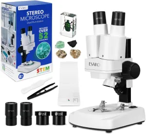 ESAKO Dual LED Kids Microscope - 52  Piece Science Kit with Mineral & Insect Specimens, 10 Prepared Slides & 10 DIY Blank Slides, Microscope kit for Kids 8-12