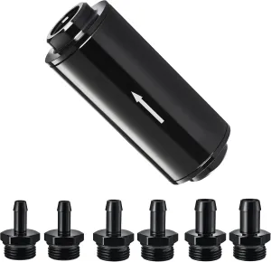 EVIL ENERGY Inline Fuel Filter 10 Micron with Barb 1/2", 3/8", 5/16" Fitting Adapter 50MM Universal Aluminum Black, for Gasoline, Diesel, E85, Rubber Fuel Line