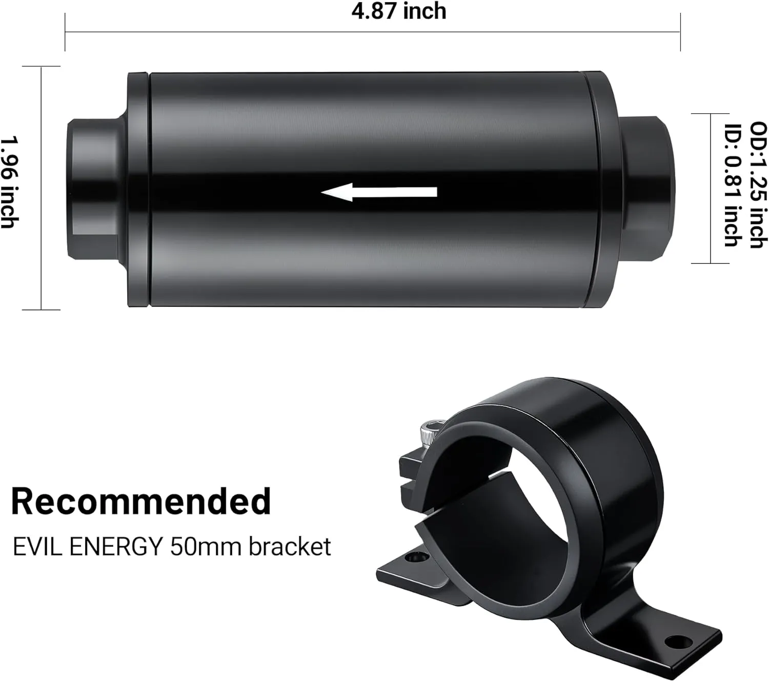 EVIL ENERGY Inline Fuel Filter 10 Micron with Barb 1/2", 3/8", 5/16" Fitting Adapter 50MM Universal Aluminum Black, for Gasoline, Diesel, E85, Rubber Fuel Line
