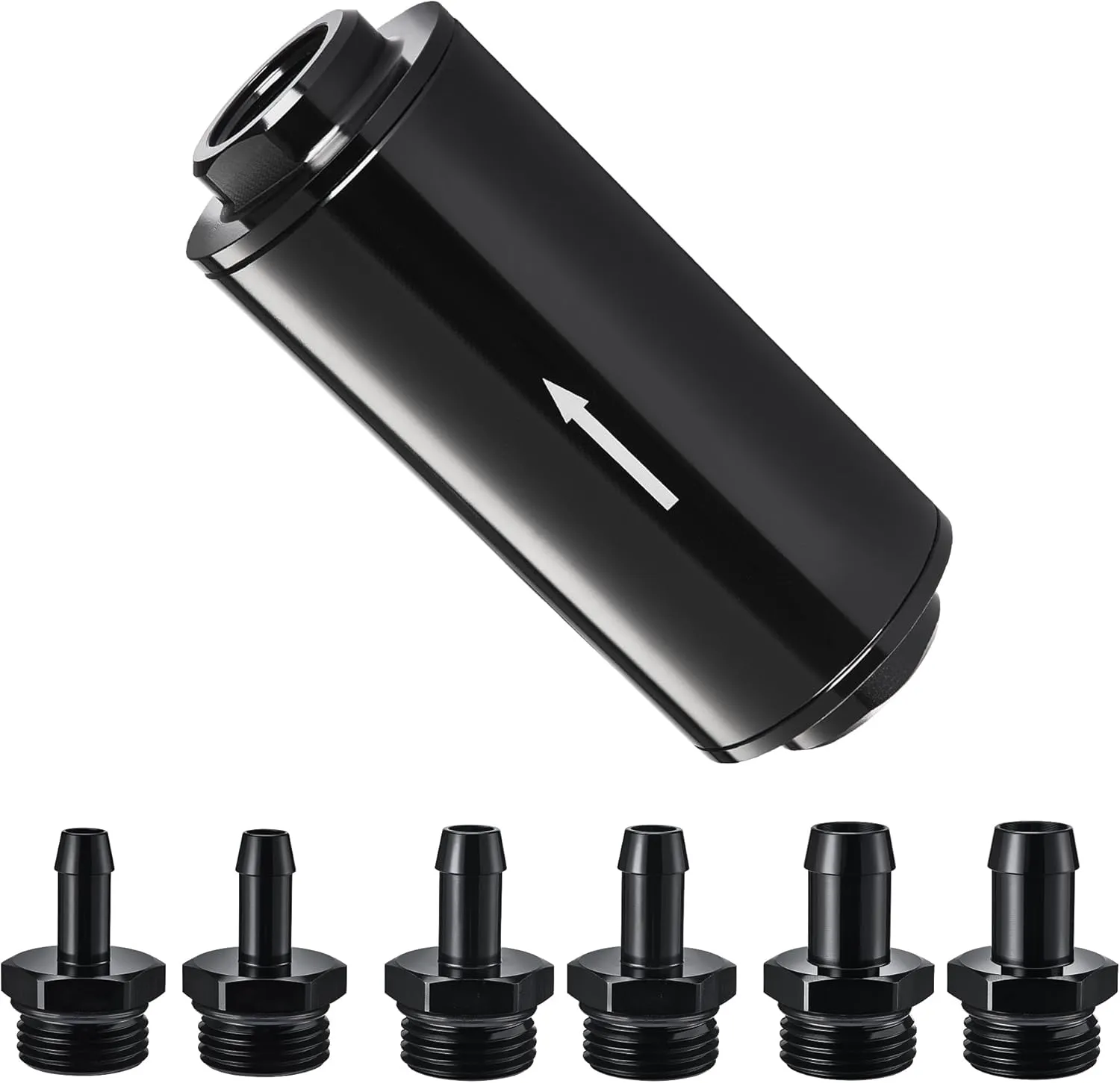 EVIL ENERGY Inline Fuel Filter 10 Micron with Barb 1/2", 3/8", 5/16" Fitting Adapter 50MM Universal Aluminum Black, for Gasoline, Diesel, E85, Rubber Fuel Line