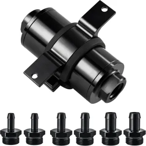 EVIL ENERGY Inline Fuel Filter 100 Micron with Barb 1/2", 3/8", 5/16" Fitting Adapter, Bracket Clamp 50MM Universal Aluminum Black for Gasoline, Diesel, E85, Rubber Fuel Line
