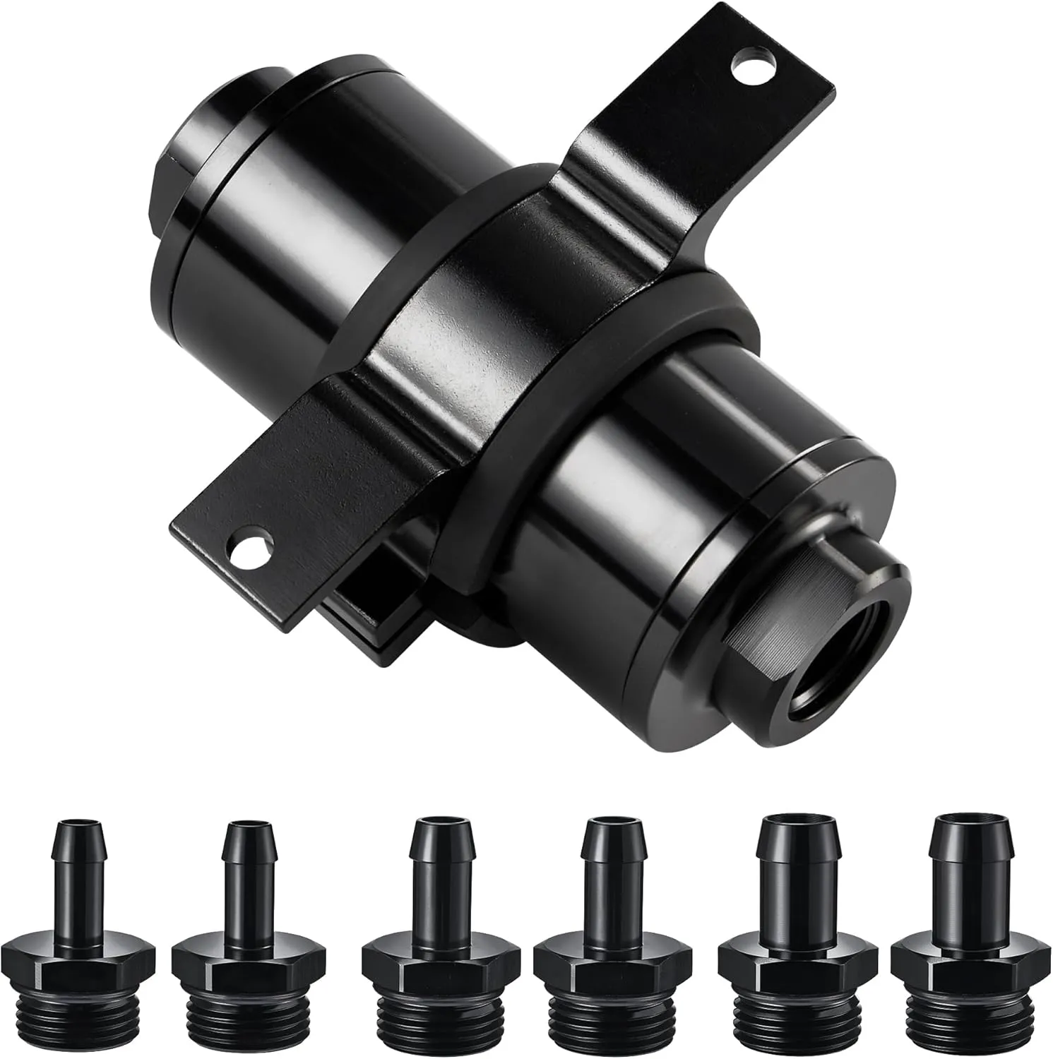 EVIL ENERGY Inline Fuel Filter 100 Micron with Barb 1/2", 3/8", 5/16" Fitting Adapter, Bracket Clamp 50MM Universal Aluminum Black for Gasoline, Diesel, E85, Rubber Fuel Line