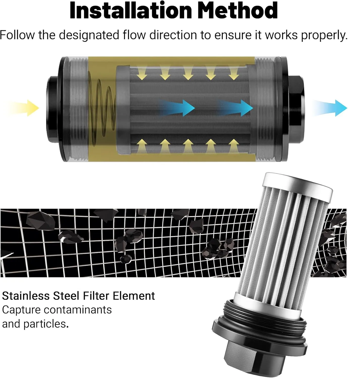 EVIL ENERGY Inline Fuel Filter 100 Micron with Barb 1/2", 3/8", 5/16" Fitting Adapter, Bracket Clamp 50MM Universal Aluminum Black for Gasoline, Diesel, E85, Rubber Fuel Line