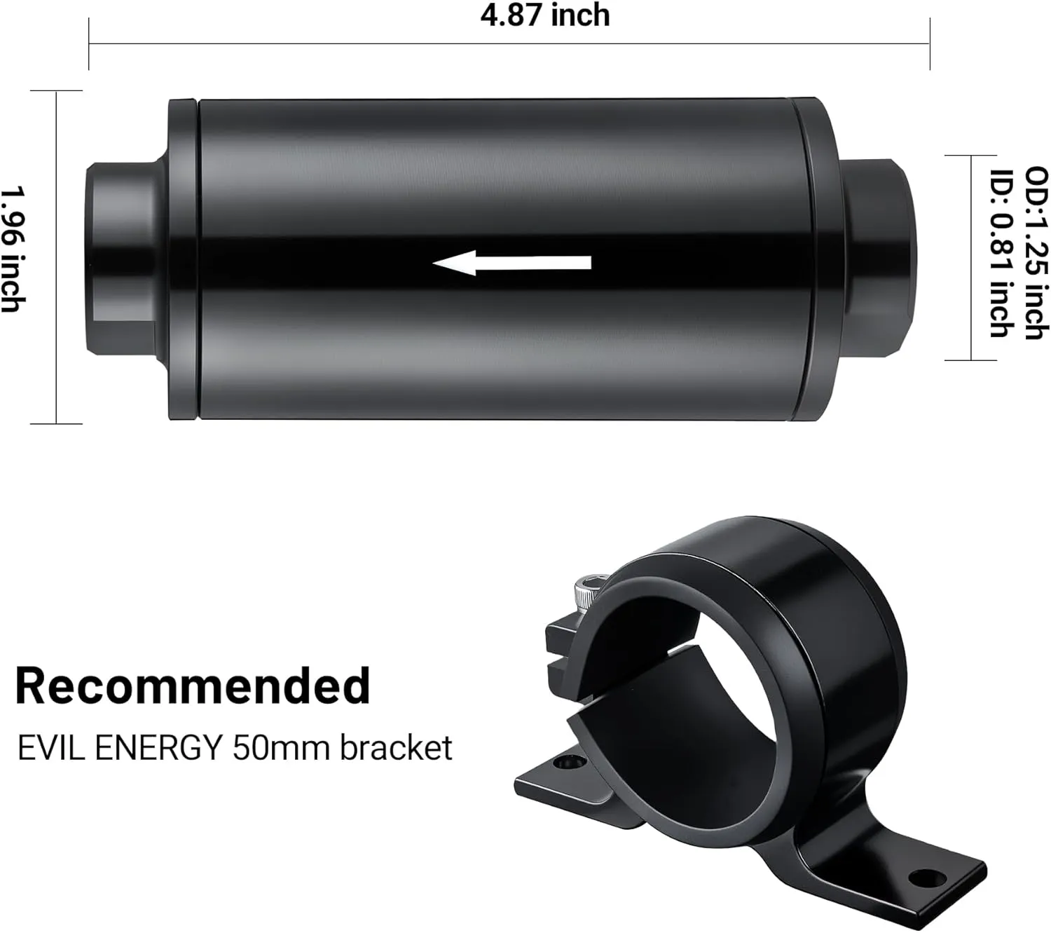 EVIL ENERGY Inline Fuel Filter 100 Micron with Barb 1/2", 3/8", 5/16" Fitting Adapter, Bracket Clamp 50MM Universal Aluminum Black for Gasoline, Diesel, E85, Rubber Fuel Line