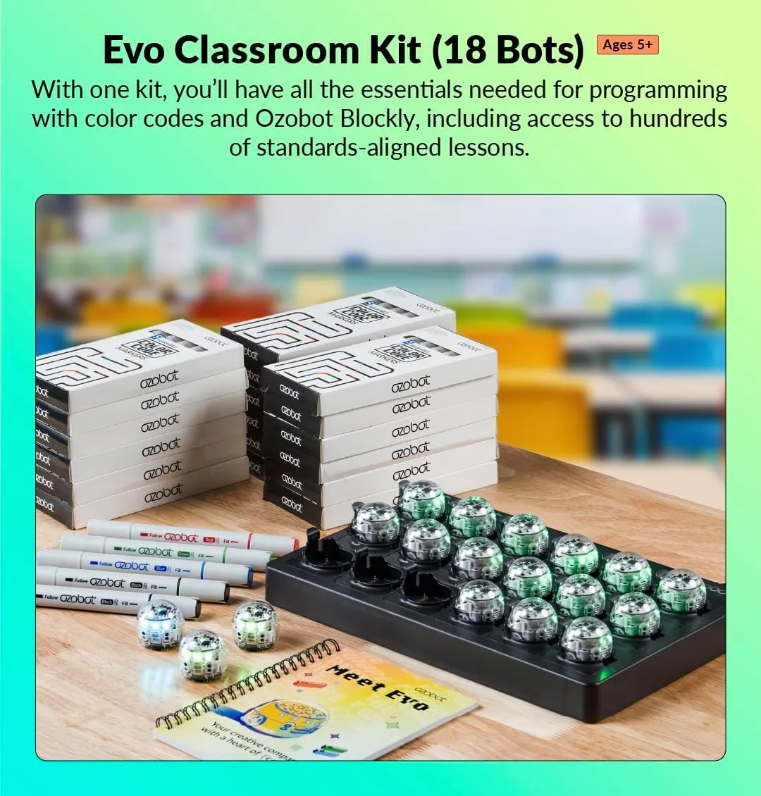 Evo Classroom Kit (18 Bots): Interactive Coding Robot, Kids Ages 5 , Includes 18 Evo Robots, Color Code Markers, Charging Cradle, Bot Stickers, Access to 700  STEAM Lessons, Educators & Parents