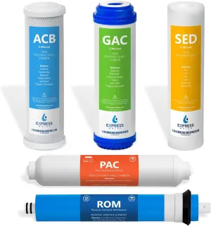 Express Water - CSGIM5 – 6 Months Reverse Osmosis System Replacement Filter Set – 5 Filters with 50 GPD RO Membrane, Carbon GAC, ACB, PAC Filters, Sediment SED Filters – 10 inch Size Water Filters
