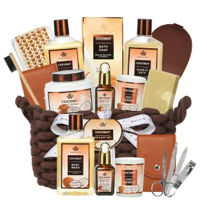 Father's Day Gift for Dad, Spa Gift Set, 12pcs Spa Basket Set Coconut & Almond For Women & Men, Body Wash, Bubble Bath, Bath Soak, Manicure Set, Birthday Gifts, Gift for Her Home Bath, Self Care Kit