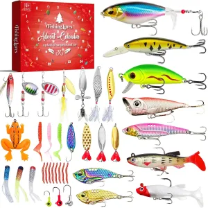 Fishing Advent Calendar 2024, Fishing Lures Kit Including Crankbaits, Spinnerbaits, Plastic Worms, Jigs - for Bass, Trout, Salmon Fishing Gear Advent Calendar for Kids, Starter, Fishing Gifts for Men