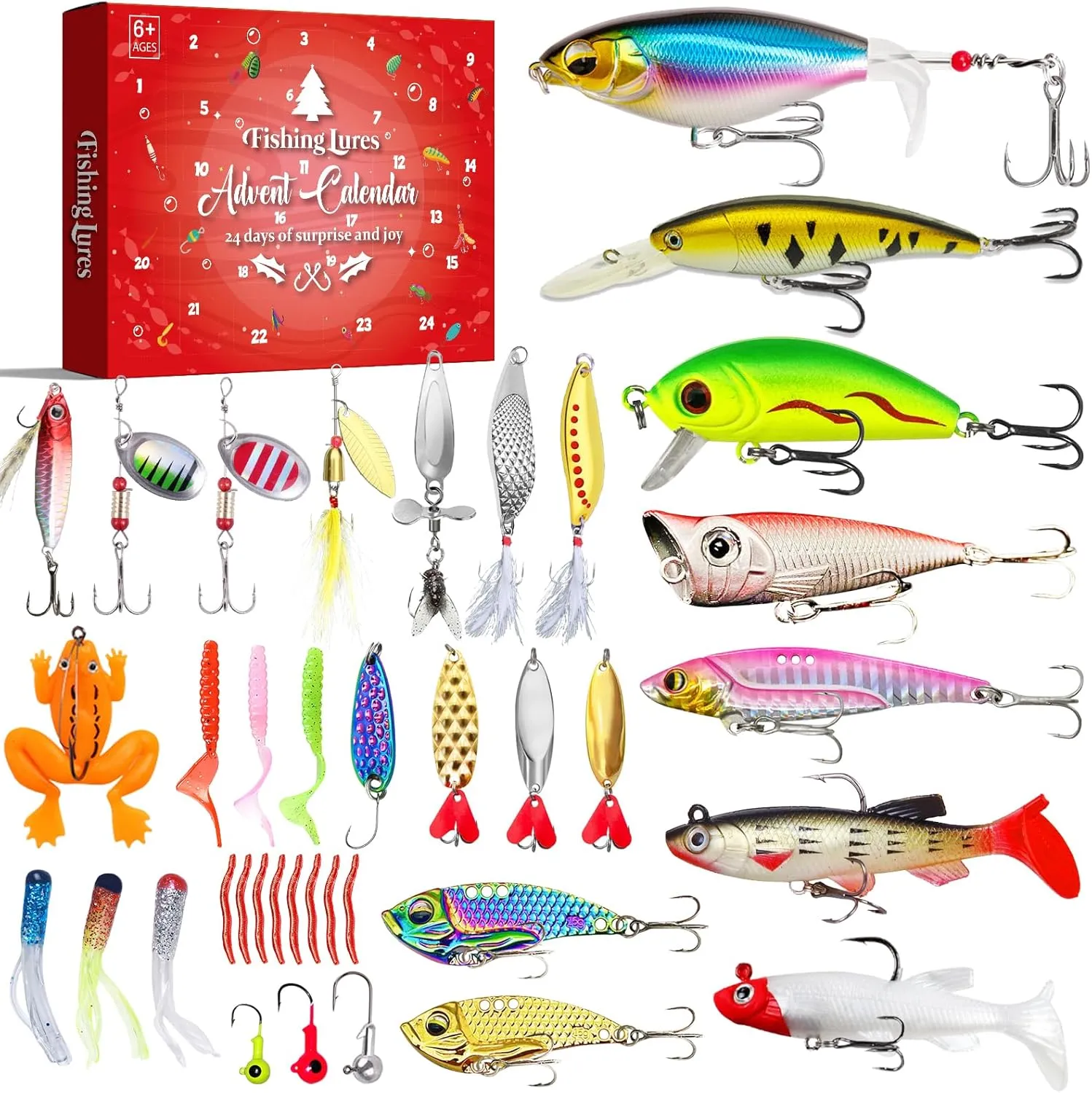 Fishing Advent Calendar 2024, Fishing Lures Kit Including Crankbaits, Spinnerbaits, Plastic Worms, Jigs - for Bass, Trout, Salmon Fishing Gear Advent Calendar for Kids, Starter, Fishing Gifts for Men