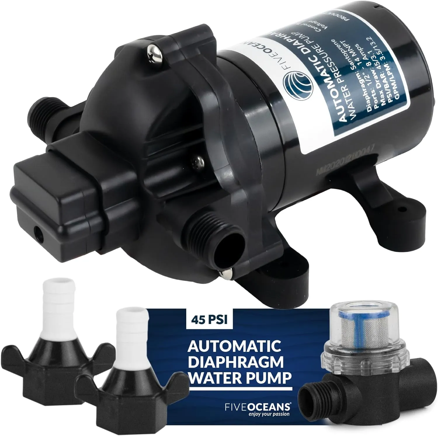 Five Oceans Water Diaphragm Self-Priming Pump, 3.0 GPM / 11.3 LPM, 45PSI Automatic Water Pump, Run Dry Safe, 12V DC, for Boat, RV, Trailer, Caravan, Truck - FO3605