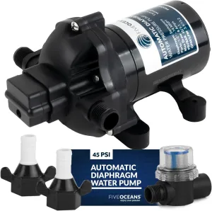 Five Oceans Water Diaphragm Self-Priming Pump, 3.0 GPM / 11.3 LPM, 45PSI Automatic Water Pump, Run Dry Safe, 12V DC, for Boat, RV, Trailer, Caravan, Truck - FO3605