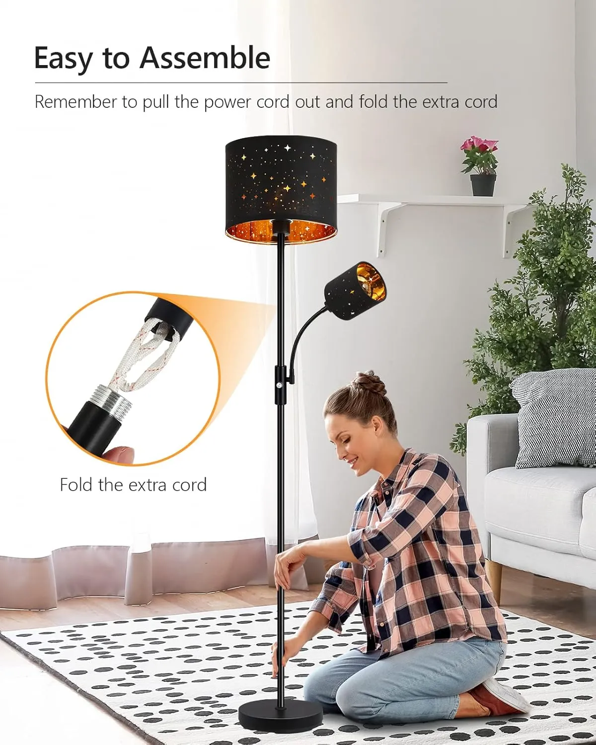Floor Lamp Black, Reading Standing Lamps for Living Room, 62" Tall Torchiere Lamp for Kids Room, 3-Way Switch, Star-Gold Lampshade, Modern Goth Decor for Bedroom/Office, Bulbs Not Included(E26 Base)