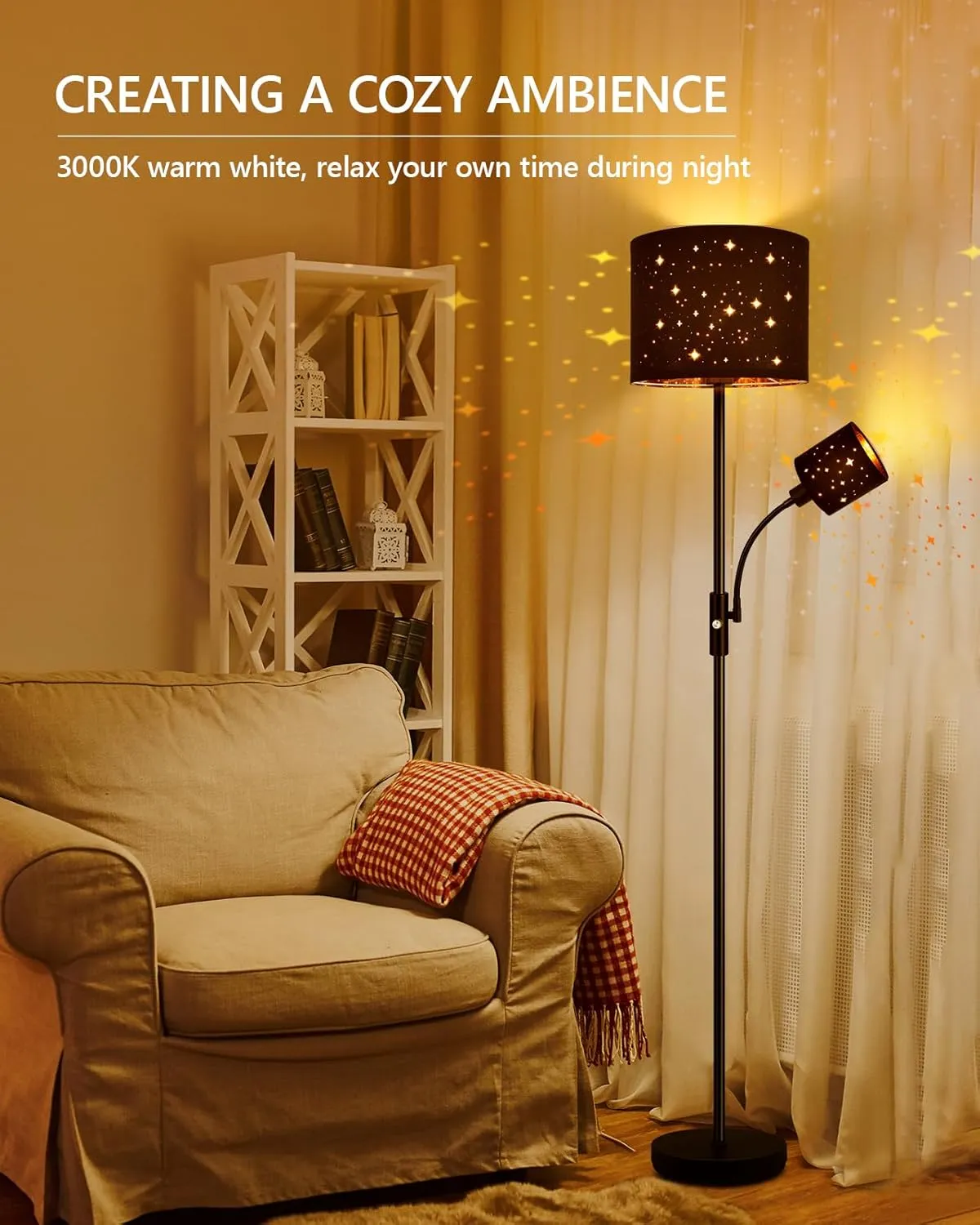 Floor Lamp Black, Reading Standing Lamps for Living Room, 62" Tall Torchiere Lamp for Kids Room, 3-Way Switch, Star-Gold Lampshade, Modern Goth Decor for Bedroom/Office, Bulbs Not Included(E26 Base)