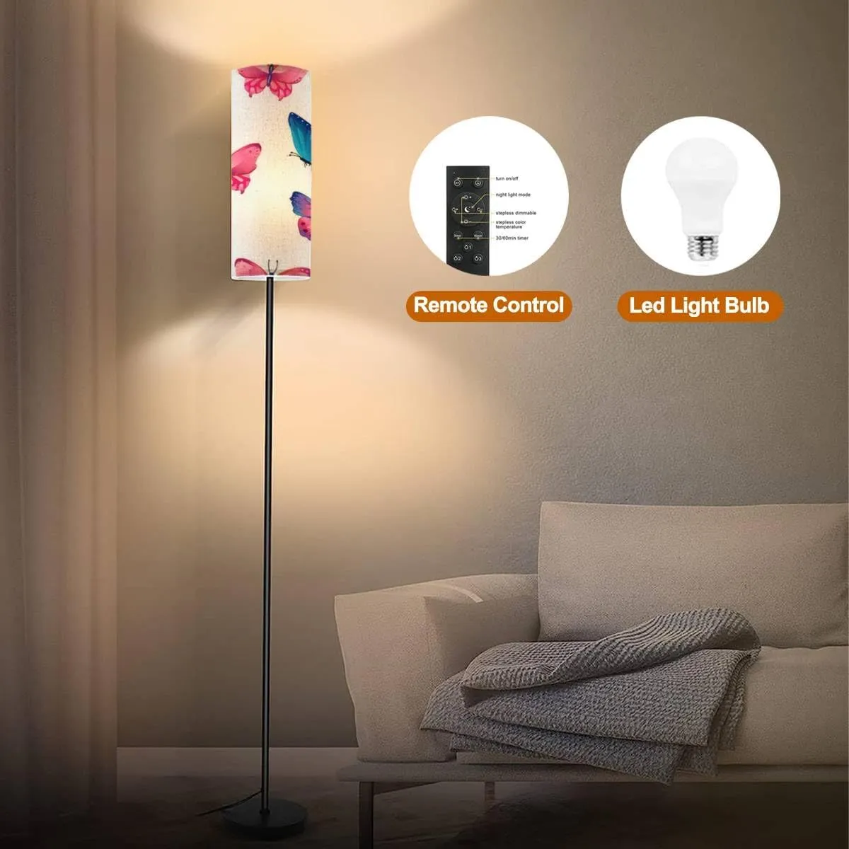 Floor Lamp for Living Room Seamless bright butterflies Butterflies design for fabric textile Modern Standing Lamp Remote Control Dimmable Pole Lamp Corner Tall Lamp for Office Bedroom Reading