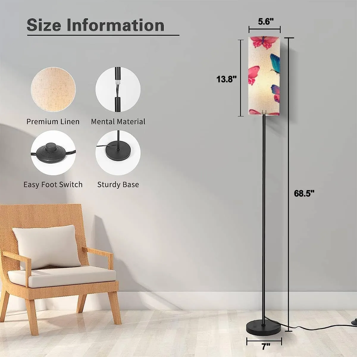 Floor Lamp for Living Room Seamless bright butterflies Butterflies design for fabric textile Modern Standing Lamp Remote Control Dimmable Pole Lamp Corner Tall Lamp for Office Bedroom Reading