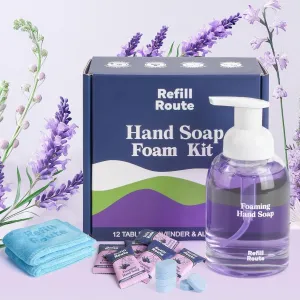 Foam Soap Refill with Glass Dispenser, 12 Foaming Hand Soap Refills Tablets  1 Glass Foaming Dispenser  2 Microfiber Cloths, Make 96 fl oz - No Plastic, Cleansing & Moisturizing, Lavender Scent
