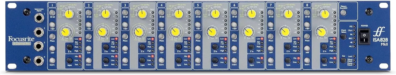 Focusrite ISA828 MkII Heritage 8-channel rackmount mic preamp with with variable impedance selector and four instrument inputs
