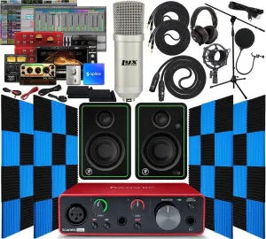 Focusrite Scarlett Solo 2x2 USB Audio Interface with Creative Music Software Kit with Mackie CR5-X Pair Studio Monitors, 24 Pack Acoustic Soundproof Studio Foam Wedges Sound Insulation Panels